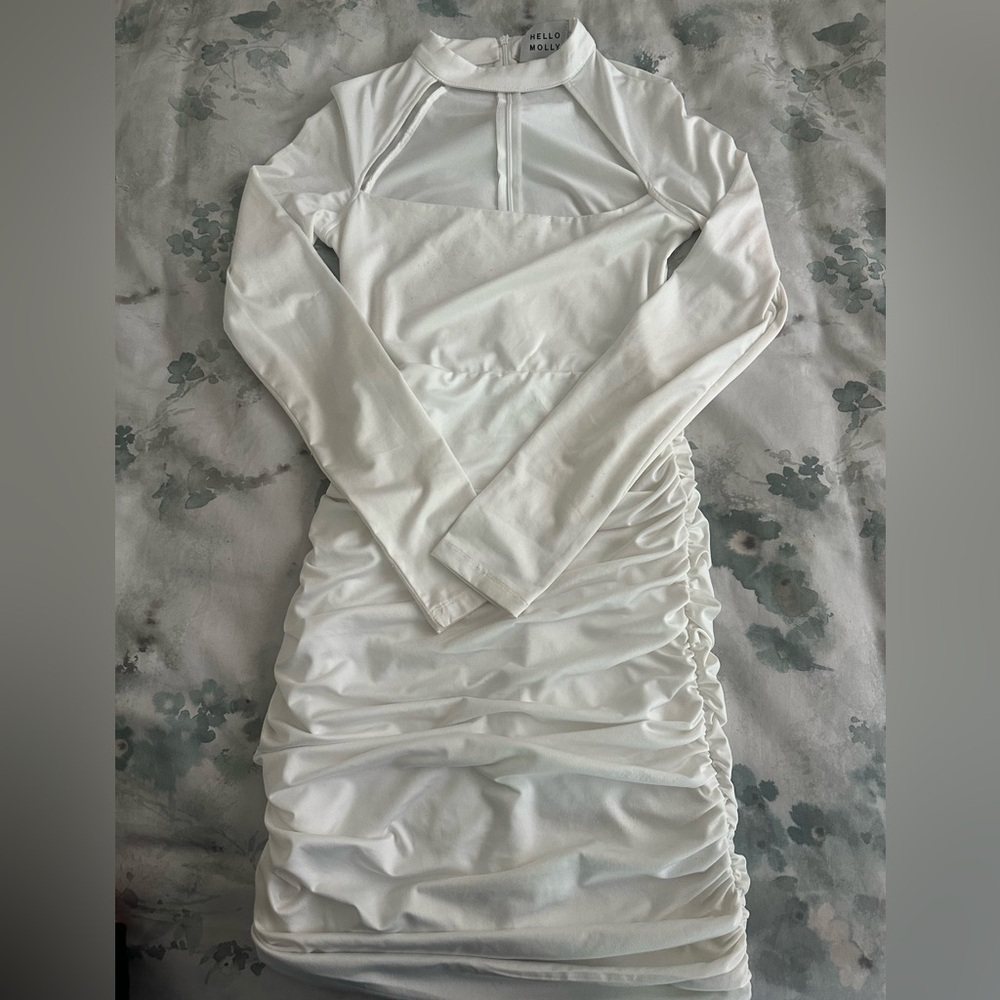 Hello Molly Choker White Ruched Long Sleeve Dress